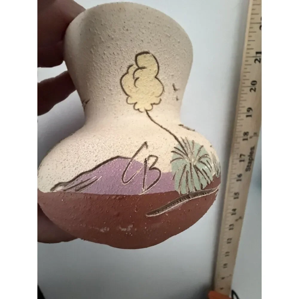 Vintage Southwestern style Painted terracotta vase with desert scene